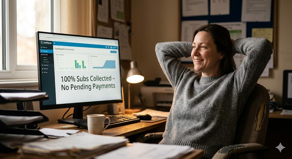 A relaxed club administrator leaning back in her chair, smiling, with the ClubPlaces dashboard showing 100% subs collected on her monitor