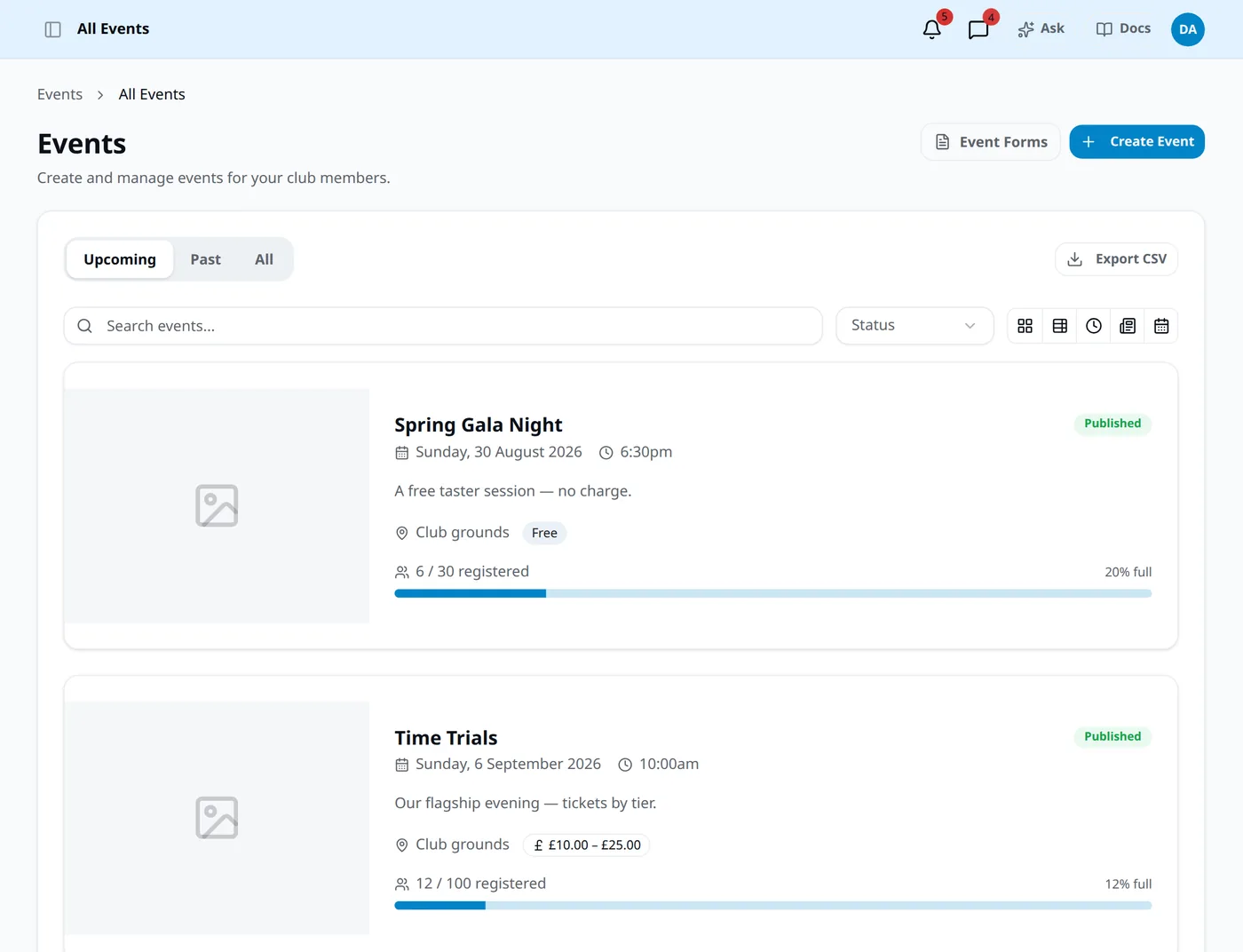 ClubPlaces events — recurring fixtures, registration windows and waiting lists