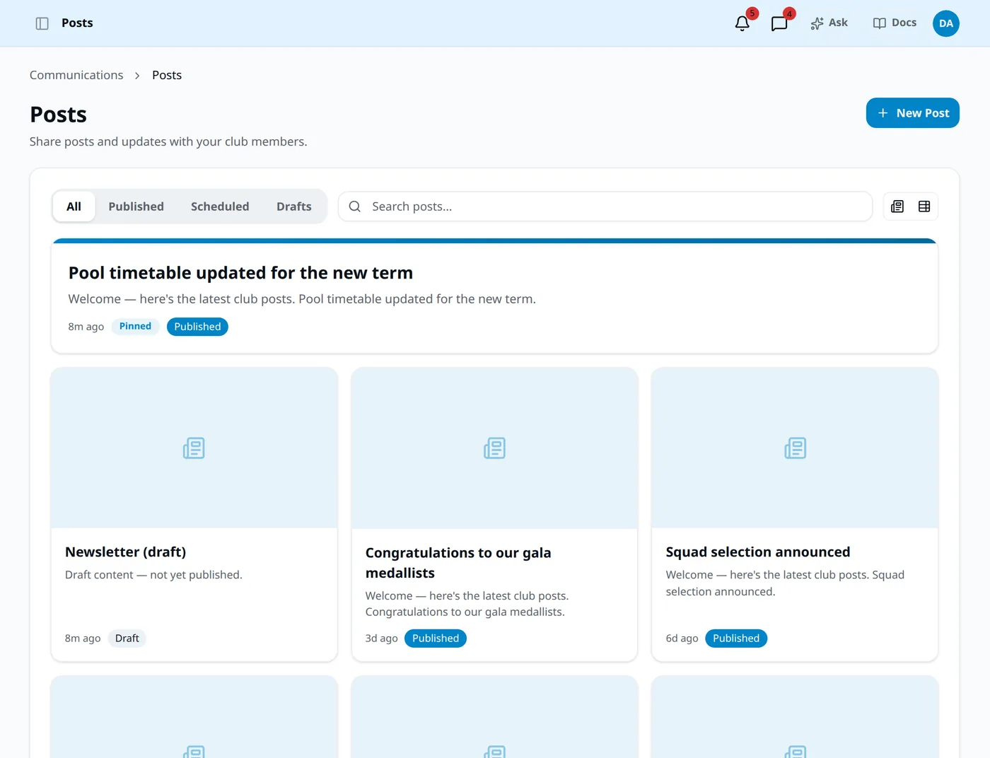 ClubPlaces posts — pinned club news members see on their portal