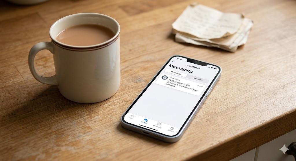 A phone on a kitchen table next to a cup of tea, showing a ClubPlaces club notification — stay connected without the chaos